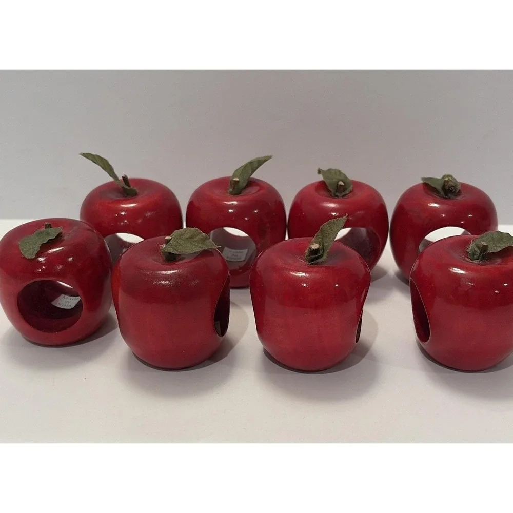 Set of 8 Wood Apple Shaped Napkin Holder Rings Made In India